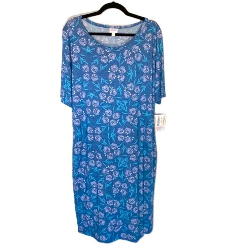 LuLaRoe Julia Pencil Dress 3XL Floral Roses Pink Blue